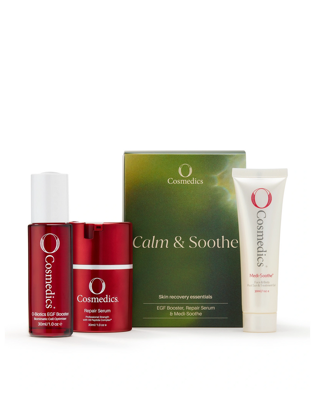 Calm & Soothe Trio by O Cosmedics with EGF Booster, Repair Serum and Medi-Soothe travel size