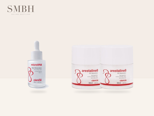 Arestaline8 duo and Microlift8 bundle on a warm stone background
