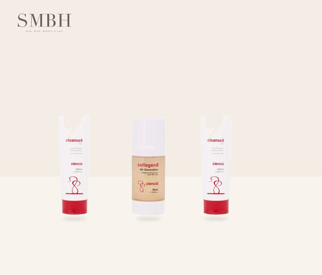 SMBH branded Ciencia pack with two Cleanse8 gels and one Collagen8 bottle on a warm ivory background