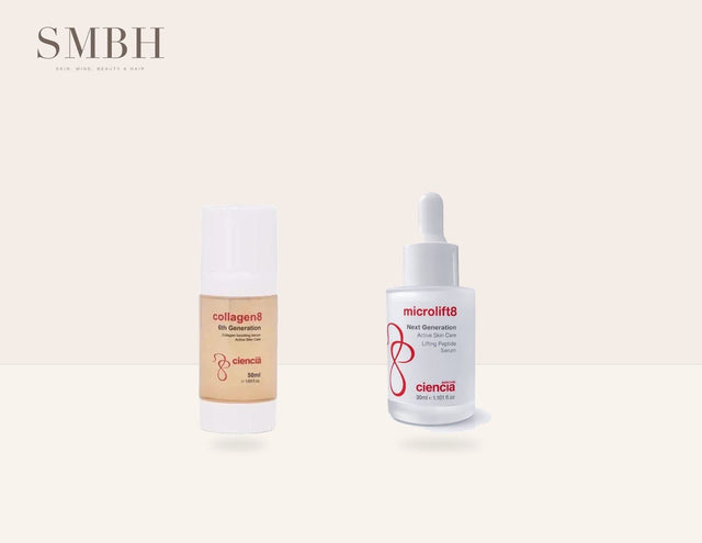 SMBH branded Ciencia Collagen8 and Microlift8 duo on a warm ivory background